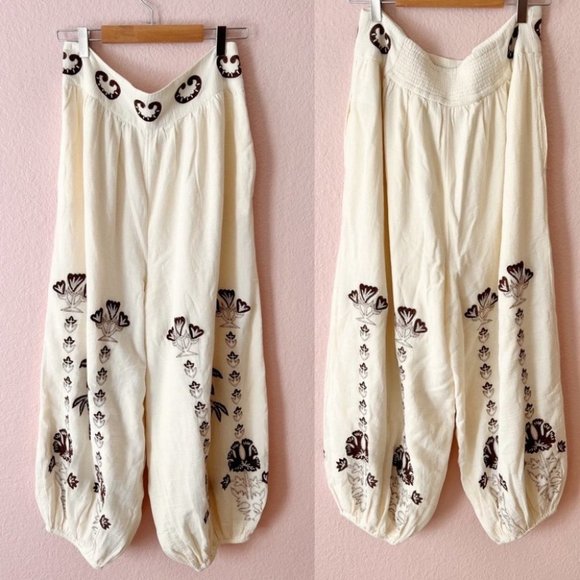 FREE People Kai Embroidered Cropped Top Pants Set Cream Brown Medium New - Picture 6 of 12